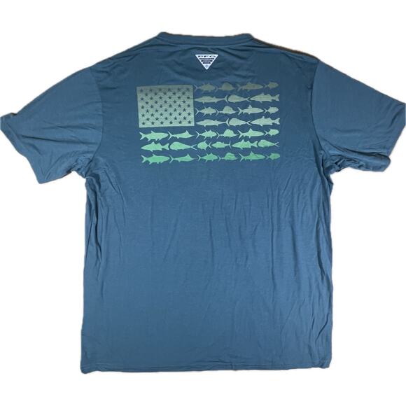 Columbia PFG Omni-Shade Fish Flag Tee Men’s XL Blue UV Protection Fishing Shirt - Picture 2 of 10